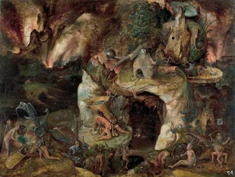 "Paysage des enfers" (地獄の風景) 1561年頃のJerome Boschの学校の絵 Dim 49x64 cm Museo del Prado, Madrid