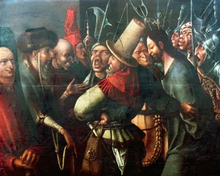 ピラトの前に連れてこられたキリスト、ヒエロニムス・ボス（1450年頃～1516年）作、パネルに油彩、61x77cm。オランダ