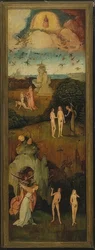 干し草カート（三連祭壇画）。左パネル。 1515年頃