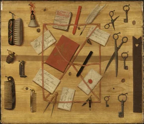Ratelier a lettres - レター ラック。 トロンプ・ルイユ、ソマー作、ヒンドリック・セバスティアン (1702-1790)。 キャンバスに油彩