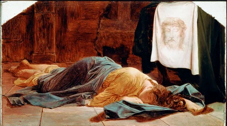 Saint Veronica 若い女性が聖なるシュラウドの近くで気絶している。聖なるヴェールは、ヴェロニクがカルヴァリーへの登攀中に汗をかいたとされるキリストの顔を表しています。ポール・ドラロッシュ（1797-1856）の絵画 19世紀 日28x49 cm パ