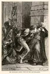 ルイデュモン（b.1822）、1873年に刻まれたジュールヴェルヌ（1828-1905）によって、80日間の世界一周から2人の敵を倒した