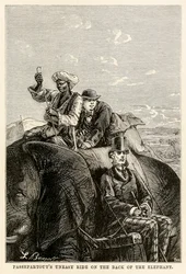 アドルフフランソワパンネメーカー（1822-1900）1873年に抱かれたジュールヴェルヌ（1828-1905）による、エイワールドの世界からの象の背中へのパスパルトゥーの不安な乗り物