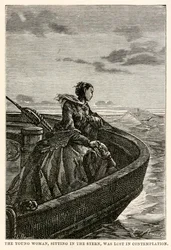 船尾に座っていた若い女性は熟考の中で失われました、ジュールヴェルヌ（1828-1905）著 『Around the World in Eighty Days』、ジャンルイプレヴォスト（1790-1850）、1873年