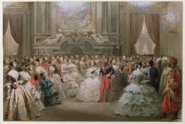 ビクトリア女王（1819-1901）とアルベール王子（1819-61）がナポレオン3世とユージニーによって与えられたガラディナーで、1853年（紙にトイレ）