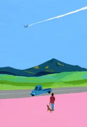 飛行機とピックアップトラックと犬と草原