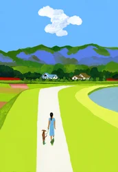 ブルーマウンテンと犬を連れて歩く女