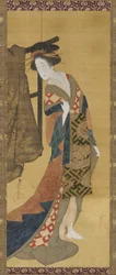 洋服掛けのそばに立つ遊女、江戸時代、19世紀初頭。