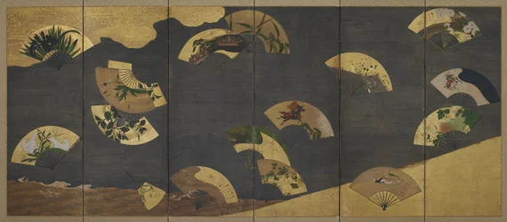 岩と水の上の扇と雲、江戸時代（インク、色、紙に金と銀）