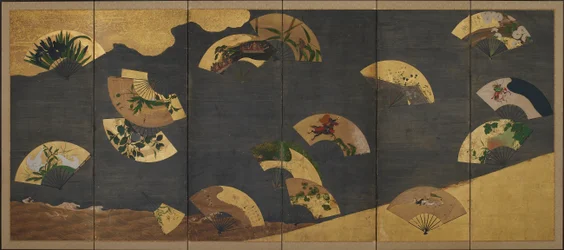 岩と水の上の扇と雲、江戸時代、17世紀初頭。