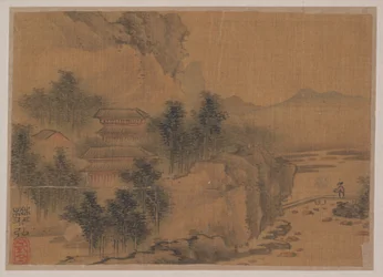 橋を渡る男のいる風景（11点からなるアルバムの中の細密画；絹本、インク、彩色）