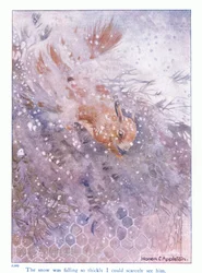雪が非常に厚く降っていたので、彼を見ることはほとんどできませんでした。エレノア・タイレルによる「リスについての詳細」のイラスト、1915年頃（カラーリソ）