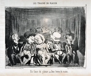 オノレ・ドーミエ（1808-1879）のアートワーク 1852年のシャリバリ紙の日付：Serie LES TRAINS DE PLAISIR -Un train de plaisr.- 夜中の2時。マルセイユ、ロンシャン宮殿の美術館