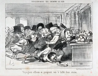 オノレ・ドーミエ（1808-1879）の作品 1852年のシャリヴァリ紙の日付：チェーン・ド・フェールの写真 駅のビュッフェに駆け寄る空腹の旅人たち マルセイユのパレ・ロンシャン美術博物館