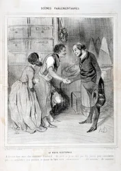 オノレ・ドーミエ（1808-1879）の作品。シャリヴァリ」は1843年の作品。セリーSCENES PARLIAMENTARY。選挙の訪問。マルセイユ、ロンシャン宮殿の美術館