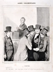 オノレ・ドーミエ（1808-1879）の作品。シャリヴァリ」は1843年の作品。セリーSCENES PARLIAMENTARY。選挙「泳げ！！！」。"ああ、友よ......良き友よ......今夜は私の人生で最も素晴らしい日だ！"マルセイユ、ロンシャン宮殿の美術館