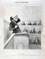 オノレ・ドーミエ（1808-1879）の作品。シャリヴァリ」は1843年の作品。セリーSCENES PARLIAMENTARY。ギャラリーにて - 砂糖の問題に移る前に、名誉議員は自分のテーマについてよく考えたい」MUSEE DES BEAUX ARTS - PALAIS LONGCHAMP, MARS