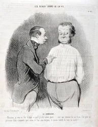 オノレ・ドーミエ（1808-1879）の作品。Charivariは1845年の作品。セリー「LES BEAUX DAYS DE LA VIE」。ブラウス「お客様、私はあなたに最高の服を作りました......私のやり方でシャツを着れば、どんな居間でも自分を演出でき、私たちは常に最高の服を着ていることになります。