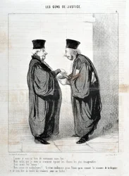 オノレ・ドーミエ（1808-1879）の作品。Charivariは1845年の作品。Serie LES PEOPLES DE JUSTICE 「-私があなたに言ったように、あなたの事実は真実です。私たちは美しかった。私たちは美しかった！...議論したり話したりする方法を知っているのは、本当にパレの中だけなのだ。