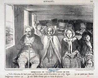 オノレ・ドーミエ（1808-1879）のアートワーク Charivari は1855年のもの。Serie Actualites de voyage en railroad "-この路線で事故が起きなかったのは8日以上になる...このまま長くは続かないだろう...。この列車に乗ったことを後悔している