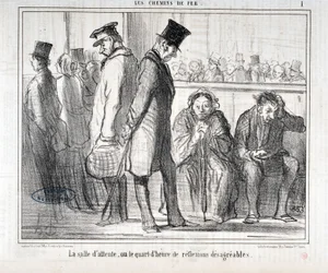 オノレ・ドーミエ（1808-1879）の作品。Charivariは1855年の作品。Serie LES Chemins de fer "The waiting room or the quarter hour of disagree reflexions" MUSEE DES BEAUX ARTS - PALAIS LONGCHAMP, MARSEILLE