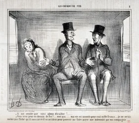 オノレ・ドーミエ（1808-1879）の作品。Charivariは1857年の作品。セリー LES RAILWAYS 「脱線しそうだな！...。私の命には10万フランの保険がかけられています。心配したくもありません。