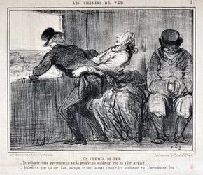 オノレ・ドーミエ（1808-1879）の作品。Charivariは1858年の作品。Serie LES RAILWAYS By Railroad 「-だから、ドア越しにそんな顔をしないでよ、不幸がすぐにやってくるんだから！...」。"私にはどうでもいいことだが、私は鉄道での事故に保険をかけているので