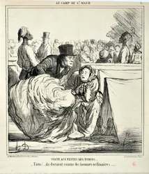 オノレ・ドーミエ（1808-1879）のアートワーク シャリヴァリは1859年の作品です。Serie AU CAMP DE SAINT MAUR ターコイズのテントを訪ねる。"ここでは、普通の人のように眠っている...。マルセイユのロンシャン宮殿にある美術博物館