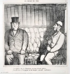 オノレ・ドーミエ（1808-1879）の作品。Charivariは1864年の作品。セリー LES CHAINS DE RAILWAY 「-この紳士の姿は私には戻ってこない。- この旅人の頭は私に自信を与えない」MUSEE DES BEAUX ARTS - PALAIS LONGCHAMP, MARSE