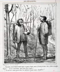 オノレ・ドーミエ（1808-1879）の作品。Charivariは1864年のもの。Serie LES LANDSAGISTS 「この国に来れば、美しい木があると言われた......薪を作るのに適しているんだ。"暖房に使えれば...」。フィンの博物館