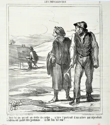 オノレ・ドーミエ（1808-1879）の作品。Charivariは1864年の作品。LES LANDSAGISTS "という作品で、おかしな体をしている...リンゴだけを作らない木の肖像を描いている...彼は夢中になっている！"ロンシャン宮殿の美術館