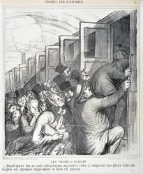 オノレ・ドーミエ（1808-1879）の作品。Charivari」は1864年の作品。Serie Sketch Les trains de plaisir 「10回の襲撃に失敗した後、ついに馬車である場所を征服することができたとき、私たちは初めての、そして非常に生き生きとした喜びを経験する」 MUSEE DES BEAUX AR