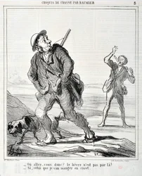 オノレ・ドーミエ（1808-1879）の作品「シャリヴァリ」は1864年に制作されました。シャッセのスケッチ「Ou va donc?うさぎはそこを通っていない！？- もし私がシベットで食べようとしているものなら」MUSEE DES BEAUX ARTS - PALAIS LONGCHAMP, MARSEILLE