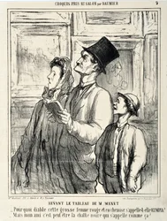オノレ・ドーミエ（1808-1879）の作品。1865年の『シャリヴァリ』：シリーズ CRUQUIS PAUIT AU SALON。マネの絵の前で：「なぜこの大きくて赤い、シュミーズ姿の女はオランピアと名乗るのだ？ - いや友よ、黒猫の名前がそうなのかもしれないぞ？」MUS