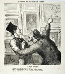 オノレ・ドーミエ（1808-1879）の作品。Charivari」は1865年の作品。サロンで描かれたスケッチの数々 気まぐれな画家。「殉教者の神格化を私がどう理解しているか見てください。"しかし、私にはあなたの両足しか見えません" "頭はすでに天にあります