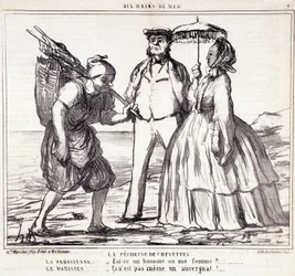 パリの観光客のバカンスを描いた漫画。シリーズ「Ax Bains de Mer」。"海老漁"オノレ・ドーミエ（1808-1879）による版画。9月5日の新聞「ル・シャリヴァリ」からの抜粋