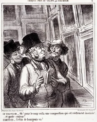 美術愛好家を描いた漫画。シリーズ「ドーミエのサロンで撮ったスケッチ」：「訪問者よ。ああ、クーデターにしては、実にセンスのある構図ですね（...）。アーティスト。芸術家：ブルジョワの愚か者め、行け「オノレ・ドーミエ(1808-1879)のエングレーヴィング。新聞「L」からの抜粋。