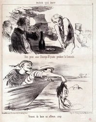 美食家の虐待についての漫画。Paris qui boire "のシリーズ。"猛暑の中、シャンゼリゼ通りで撮った写真。ひどい一杯を飲んだばかりだ。"Honore DAUMIER（1808-1879）の版画。6月5日の新聞「ル・シャリヴァリ」からの抜粋