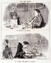 美食家の虐待についての漫画。Serie "Paris qui mange":ボスの朝食。6人目の店員がおごる。オノレ・ドーミエ（1808-1879）によるエングレーヴィング。6月26日の新聞「ル・シャリヴァリ」からの抜粋