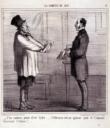 科学に関する漫画1857年のコメテ」のシリーズ。チケットはいらない..."Honore DAUMIER（1808-1879）の版画。新聞「ル・シャリヴァリ」3月4日号より抜粋