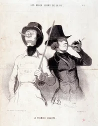 若いダンディたちを描いた漫画シリーズ "The Beautiful Days of Life"。「最初の葉巻」。Honore DAUMIER (1808-1879)によるエングレーヴィング。1843年12月31日の新聞 "Le Charivari "からの抜粋 Dim 37x25cm Inv 1089 - box 8 N¡2.マルセイユ、Musee des Beaux