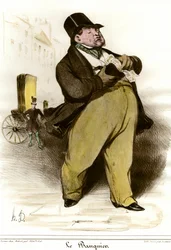 銀行家の風刺画。オノレ・ドーミエ（1808-1879年）の素描、「ル・シャリヴァリ」より、1835年。個人蔵