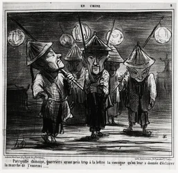 中国のパトロール隊は、戦士たちが敵の行進を照らすように与えられた指示を忠実に実行していた。オノレ・ドーミエ（1808-1879）の描いた「中国の行進」は、1月25日付の「シャリヴァリ」に掲載された。