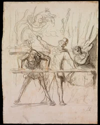 La Parade - The Side-Show - Daumier, Honore (1808-1879) - 1865 - 黒チョーク、紙に水彩 - 39,8x30,4 - Szepmuveszeti Muzeum、ブダペスト
