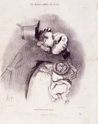 シリーズ「人生の美しい日々」。国の会合...」。オノレ・ドーミエ（1808-1879）による版画。9月8日の新聞「ル・シャリヴァリ」からの抜粋
