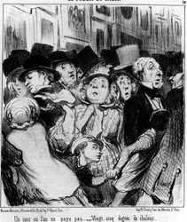 ショーの観客がある日、あなたはお金を払わない。暑さ25度、オノレ・ドーミエ（1808-1879）の漫画シリーズ「絵画とサロン」から引用。"Charivari"