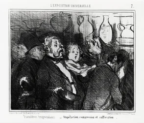 世界博覧会：第一印象：茫然自失、圧迫感、窒息。1855年5月24日付のニュース「シャリヴァリ」に掲載されたオノレ・ドーミエ（1808-1879）のイラスト。