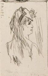 a. ドーミエ作の老人の頭部（左上）。 b. Taiee の Chez Charles Beriot (上中央)。 c. Ropsによる若い女性の頭（右上）。 d. Harpignies による川の風景 (中央下)。 e. 若い女性のプロフィール