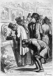 展覧会当日のホテル・ドルオーの一室。オノレ・ドーミエ（1808-1879）の漫画。1862年5月10日付「Le Monde Illustré」265号に掲載された図版。