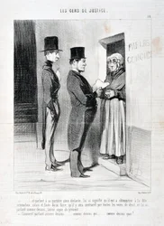 オノレ・ドーミエ（1808-1879）の作品。Charivariは1845年の作品。Serie LES PEANS DE JUSTICE 「...そして、彼の戸口でそう宣言して話すことは、彼にとって、前記の要約に従わなければならず、そうしなければ、彼は強制されることを意味している。